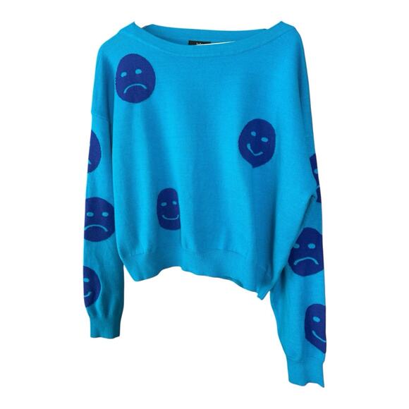 New Dressed In Lala All the Feelings Cozy Blue Sweater Size XL Happy & Sad Faces - Picture 2 of 3